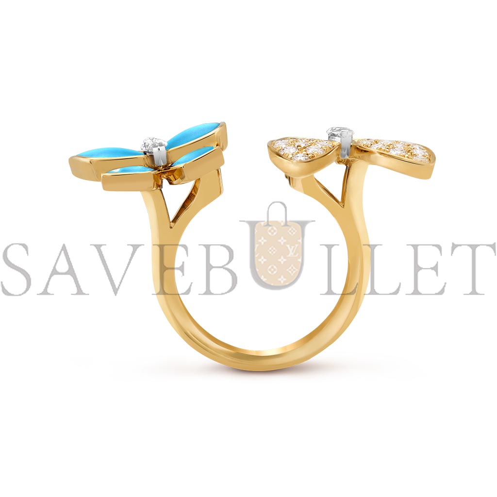 VAN CLEEF ARPELS TWO BUTTERFLY BETWEEN THE FINGER RING - YELLOW GOLD, DIAMOND, TURQUOISE  VCARP7UZ00